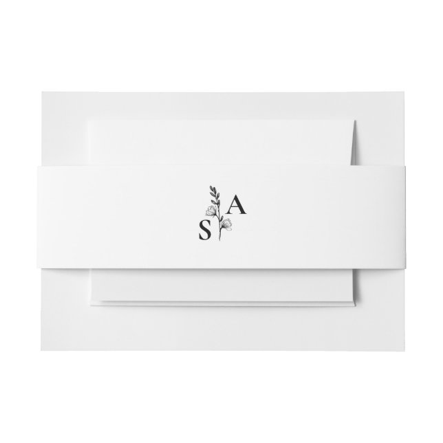 Minimalistische BW-Monogramm-Wildblume Einladungsbanderole (Vorderseite Beispiel)