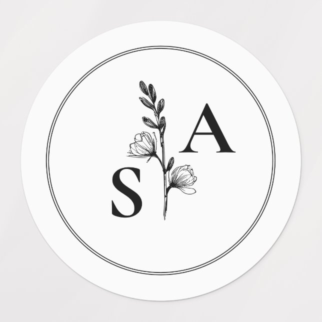 Minimalistische BW-Monogramm-Wildblume Etiketten (Design 1)
