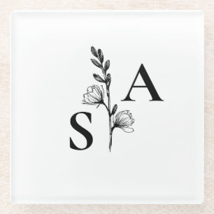 Minimalistische BW-Monogramm-Wildblume Glasuntersetzer