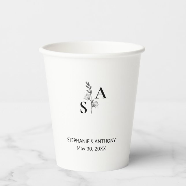 Minimalistische BW-Monogramm-Wildblume Pappbecher (Vorderseite)
