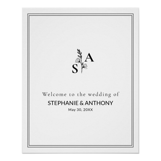 Minimalistische BW-Monogramm-Wildblume Poster (Vorderseite)
