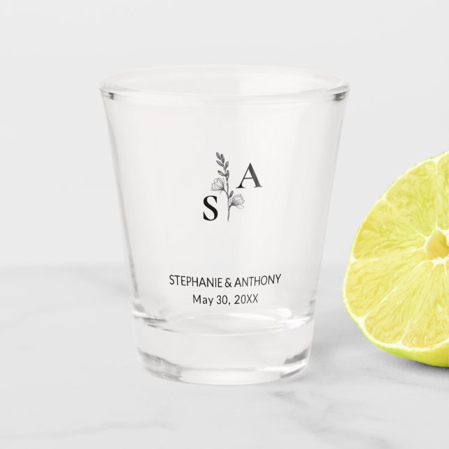 Minimalistische BW-Monogramm-Wildblume Schnapsglas (Vorderseite)