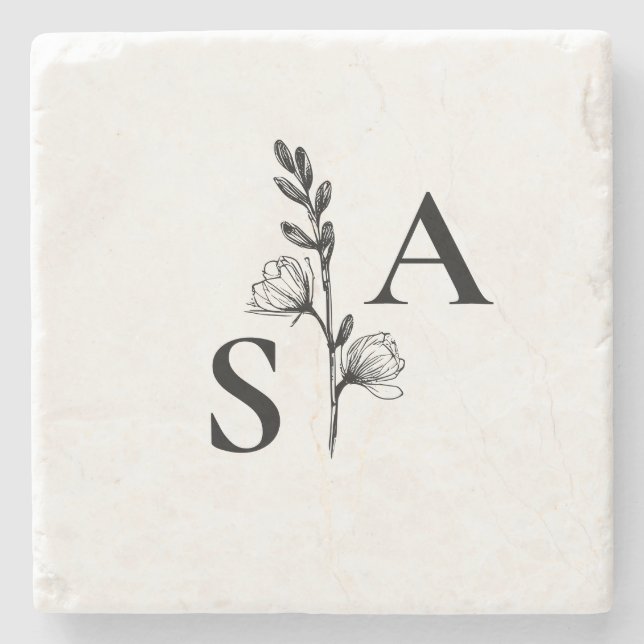 Minimalistische BW-Monogramm-Wildblume Steinuntersetzer (Vorderseite)