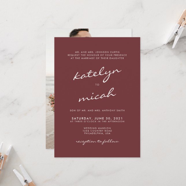 Minimalistische Calligrafie Cinnamon Rose Hochzeit Einladung (Vorderseite/Rückseite Beispiel)