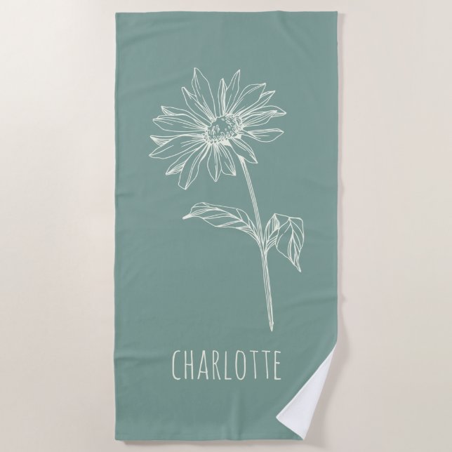 Minimalistische Chamomile-Blume Sage Green Name Strandtuch (Vorderseite)