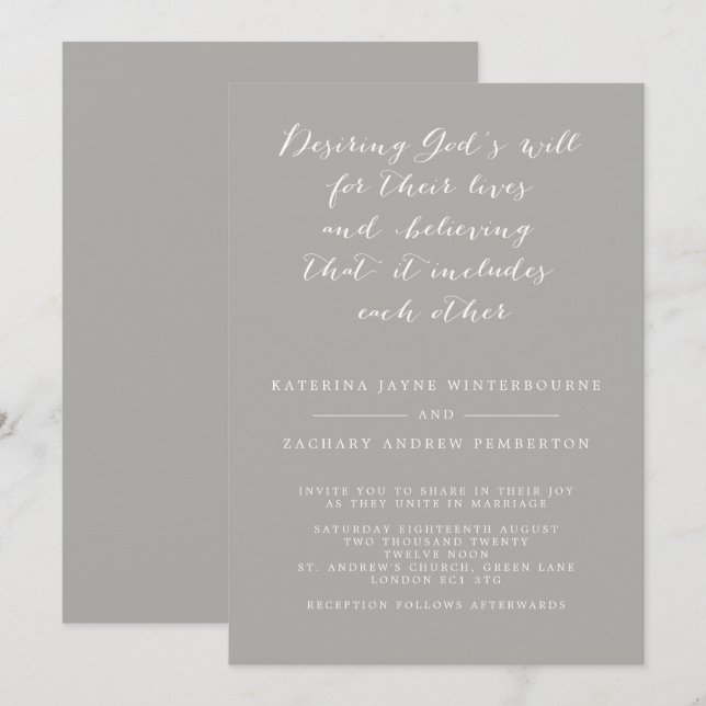 Minimalistische Christliche Hochzeit von Grau und  Einladung (Vorne/Hinten)