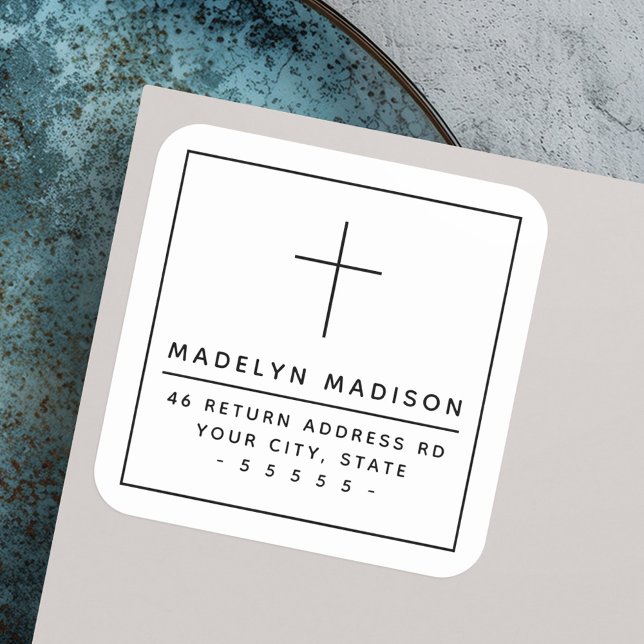 Minimalistische Christliche Kreuz-Rücksendeadresse Quadratischer Aufkleber (Minimalist Christian cross white return address Square Sticker)