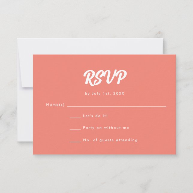 Minimalistische Coral Pink Script Hochzeit RSVP Karte (Vorderseite)