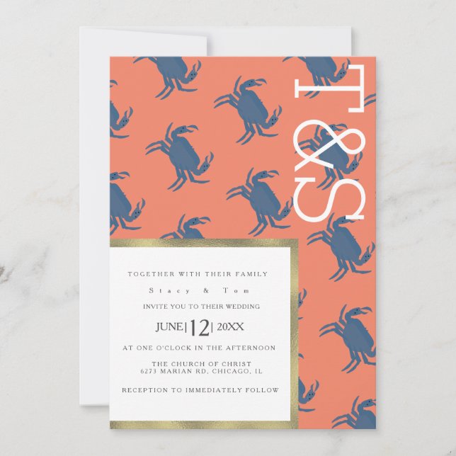 Minimalistische Crab Broil Gold Typografy Wedding Einladung (Vorderseite)