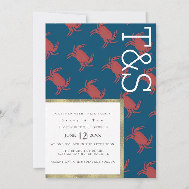 Minimalistische Crab Broil Gold Typografy Wedding Einladung (Vorderseite)