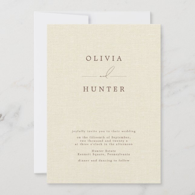 Minimalistische Creme Imitate Linen Wedding Einladung (Vorderseite)