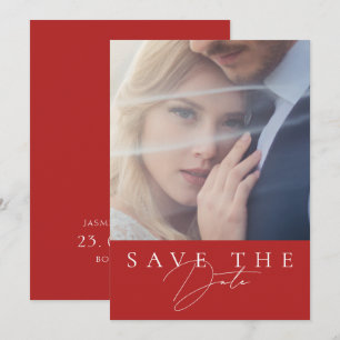 Minimalistische Crimson Red Script Foto Wedding Save The Date