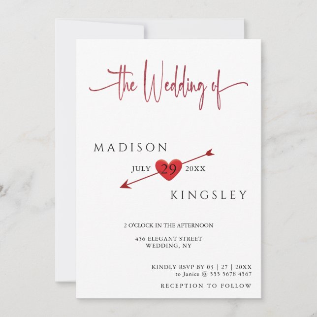 Minimalistische Cupid Arrow Herzblut Hochzeit Einladung (Vorderseite)