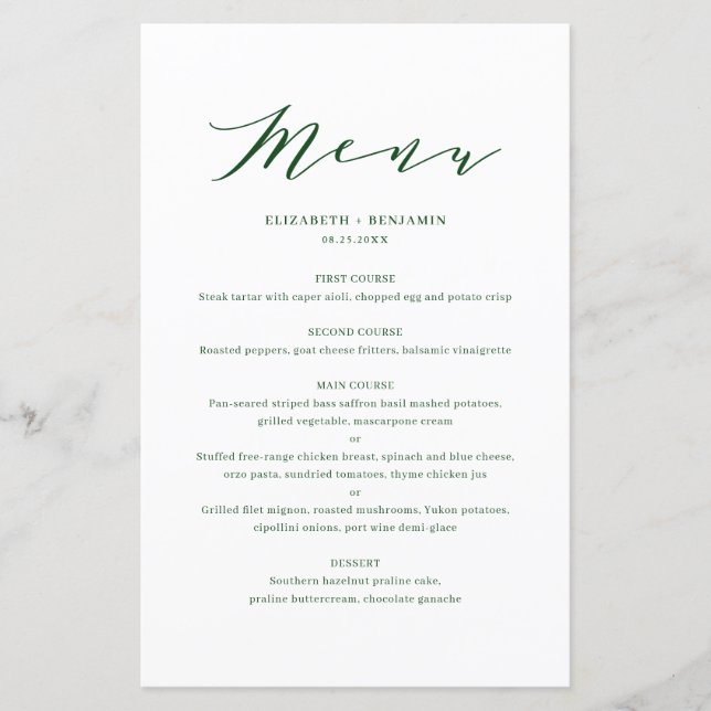 Minimalistische Dainty Script Green Wedding Menu C (Vorderseite)