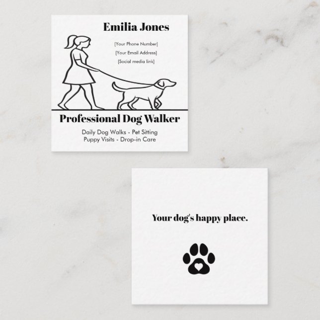 Minimalistische Dog Walker-Visitenkarte mit Herzkl Quadratische Visitenkarte (Vorne/Hinten)