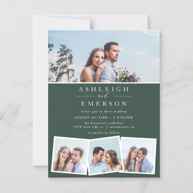 Minimalistische dunkelgrüne Fotocollage Hochzeit Magneteinladung (Vorderseite)
