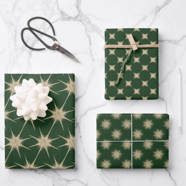 Minimalistische dunkelgrüne, moderne Goldstars Geschenkpapier Set (Vorderseite)