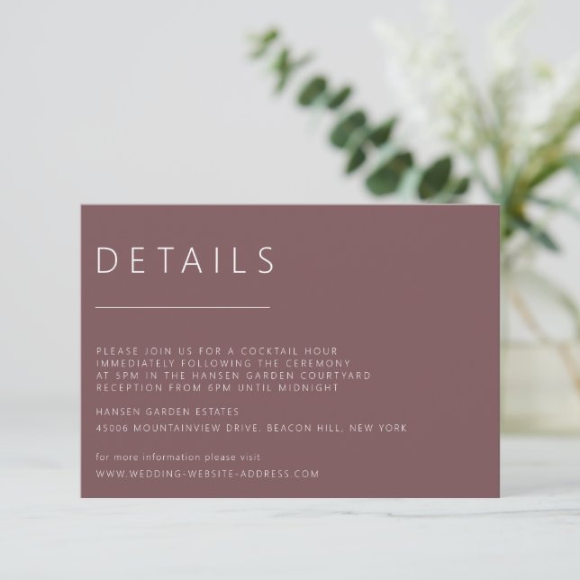 Minimalistische dunkle Rose Hochzeitsdetails Einladung (Stehend Vorderseite)