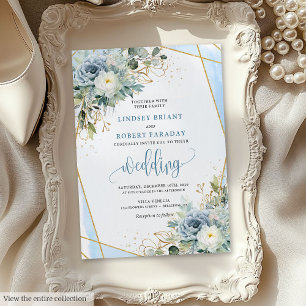 Minimalistische Dusty Blue Gold Blume Hochzeitsrei Einladung