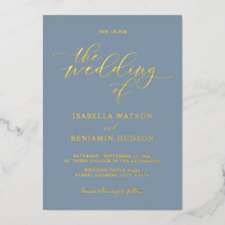 Minimalistische Dusty Blue Gold Calligrafy Wedding Folieneinladung