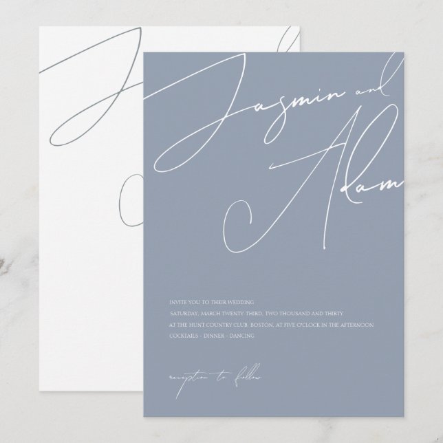 Minimalistische Dusty Blue Script Typografy Weddin Einladung (Vorne/Hinten)