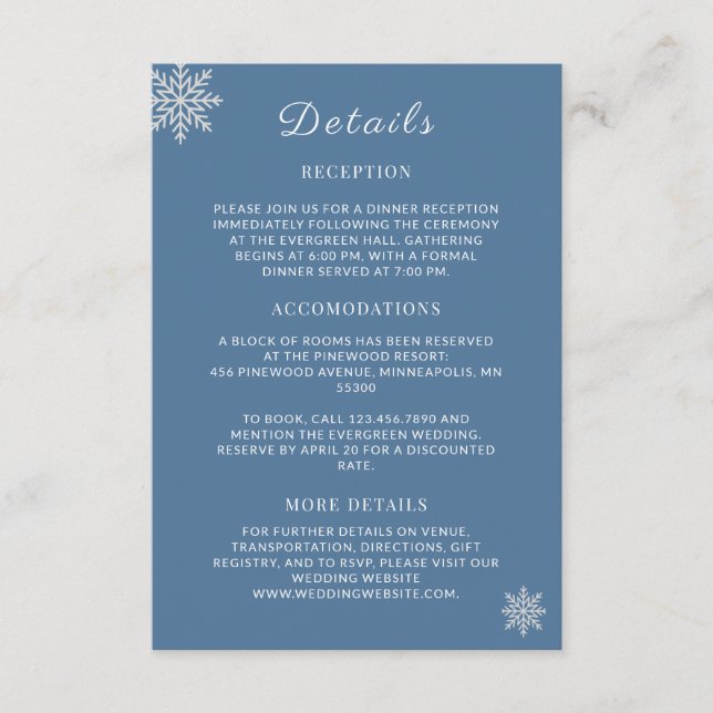 Minimalistische Dusty Blue White Winter Wedding De Begleitkarte (Vorderseite)