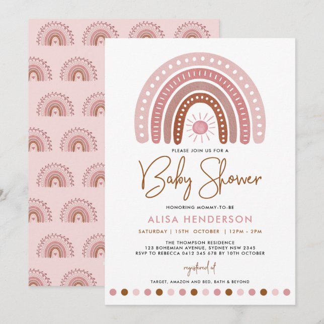 Minimalistische Dusty Pink Rainbow Sunshine Baby D Einladung (Vorne/Hinten)