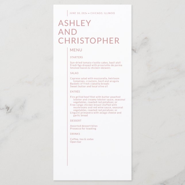 Minimalistische Dusty Rose Abgeschiedene Namen Hoc Menükarte (Vorderseite)