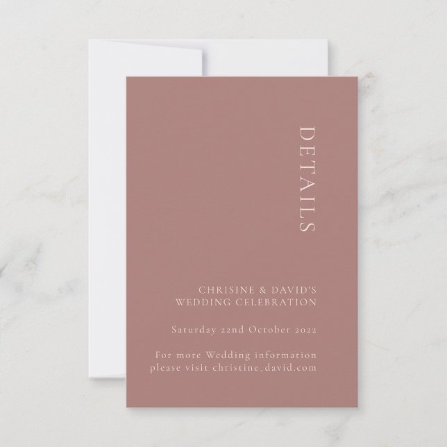 Minimalistische Dusty-Rose Hochzeitdetails Einladung (Vorderseite)