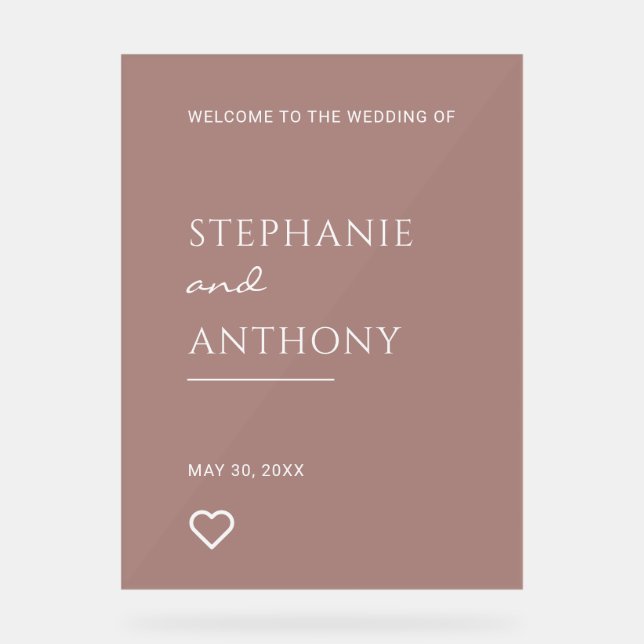 Minimalistische Dusty-Rose mit Heart Modern Weddin Acrylschild (Vorderseite)