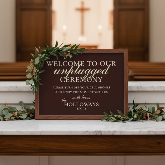 Minimalistische Earth Tone Unplugged Hochzeitfeier Poster (Set the tone for a distraction-free ceremony with this Mousse Brown Unplugged Ceremony Sign!)