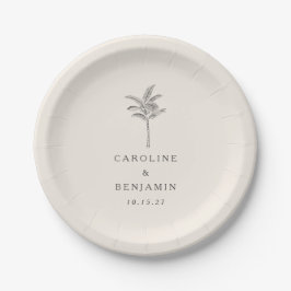 Minimalistische Ecru Palm Tree Line Kunst Hochzeit Pappteller