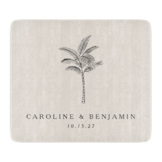 Minimalistische Ecru Palm Tree Line Kunst Hochzeit Schneidebrett