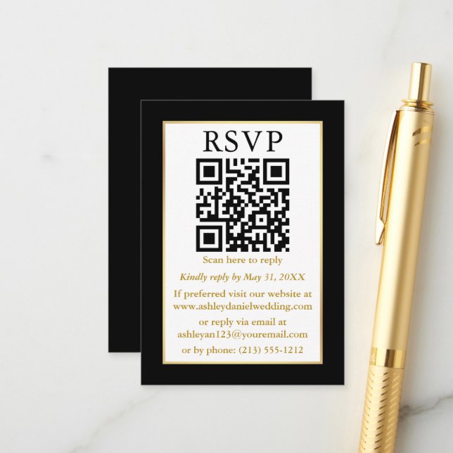 Minimalistische einfache Hochzeit QR Black Gold UA Begleitkarte (Vorderseite/Rückseite Beispiel)