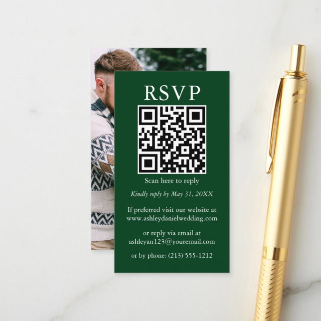 Minimalistische einfache Hochzeit QR Foto Green UA Begleitkarte (Vorderseite/Rückseite Beispiel)