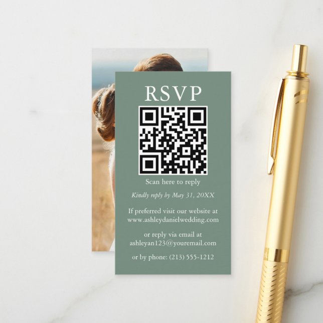 Minimalistische einfache Hochzeit QR Foto Sage Gre Begleitkarte (Vorderseite/Rückseite Beispiel)