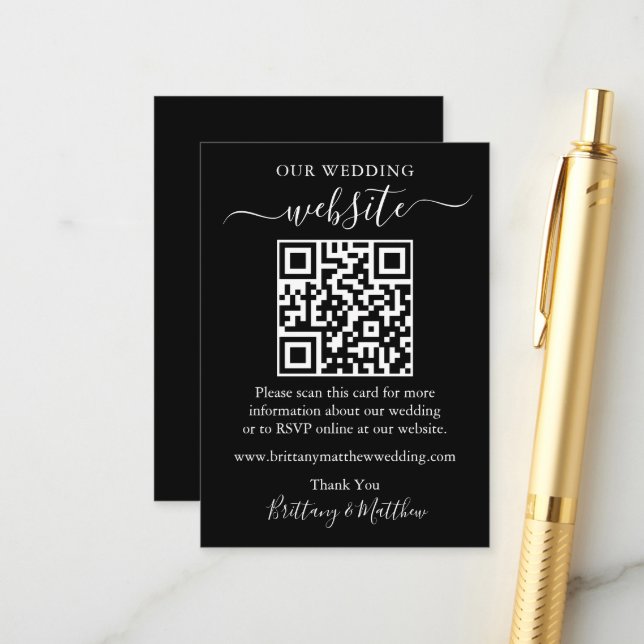Minimalistische einfache Hochzeitwebsite Black QR Begleitkarte (Vorderseite/Rückseite Beispiel)