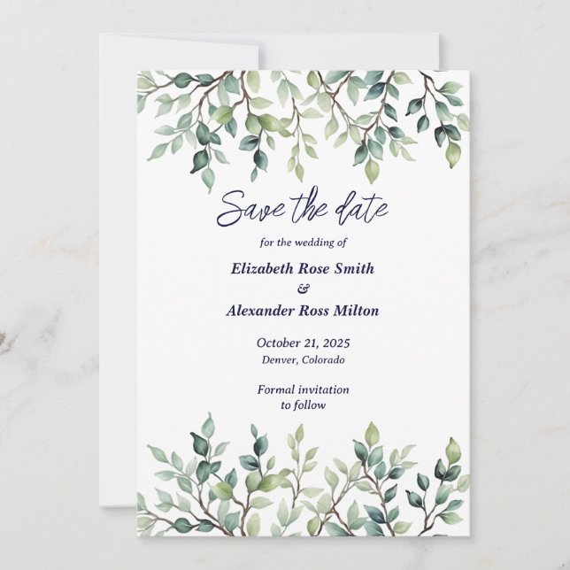 Minimalistische einfache Hübsche Blätter Zweige Ho Save The Date (Vorderseite)