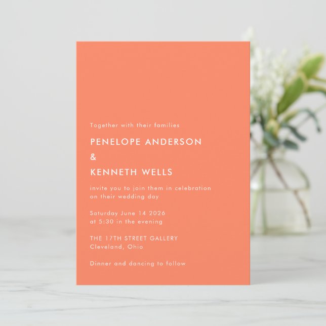 Minimalistische Einfache Mandarine Orange Hochzeit Einladung (Stehend Vorderseite)