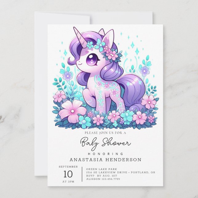 Minimalistische Einhorn-Kinderdusche Einladung (Vorderseite)