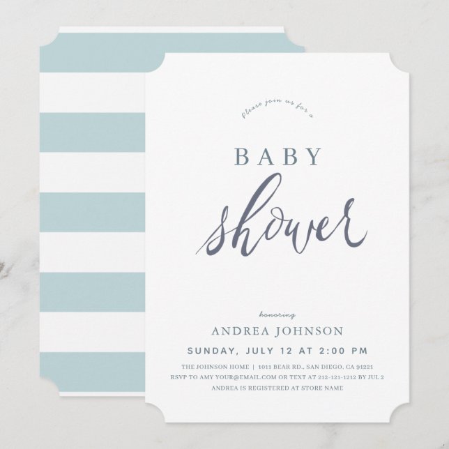 Minimalistische Elegant Blue Boy Baby Dusche Einladung (Vorne/Hinten)
