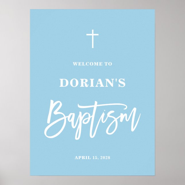 Minimalistische Elegant Blue Boy Taufe Willkommen Poster (Vorne)
