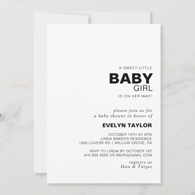 Minimalistische Elegant Formal Baby Girl Dusche Einladung (Vorderseite)