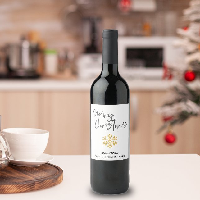 Minimalistische Elegant Gold Snow Flake Frohe Weih Weinetikett (Minimalist Elegant Gold Snow Flake Merry Christmas Wine Label)