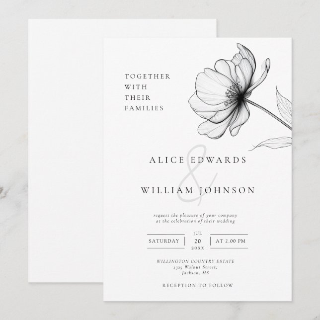 Minimalistische Elegante Chic Floral Wedding Einladung (Vorne/Hinten)