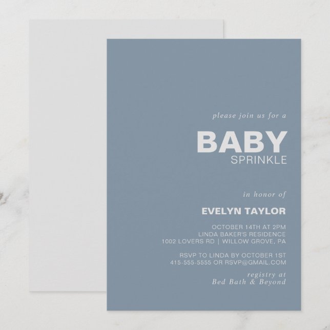 Minimalistische Elegante formale Blue Baby Sprinkl Einladung (Vorne/Hinten)