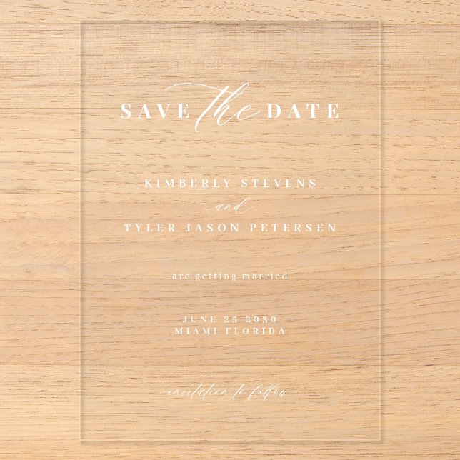 Minimalistische, elegante Hochzeit Save the Date Acryleinladungen (Vorderseite)