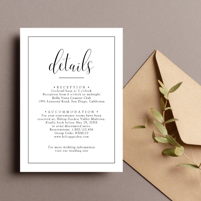 Minimalistische elegante Hochzeitsdetails Begleitkarte (Von Creator hochgeladen)