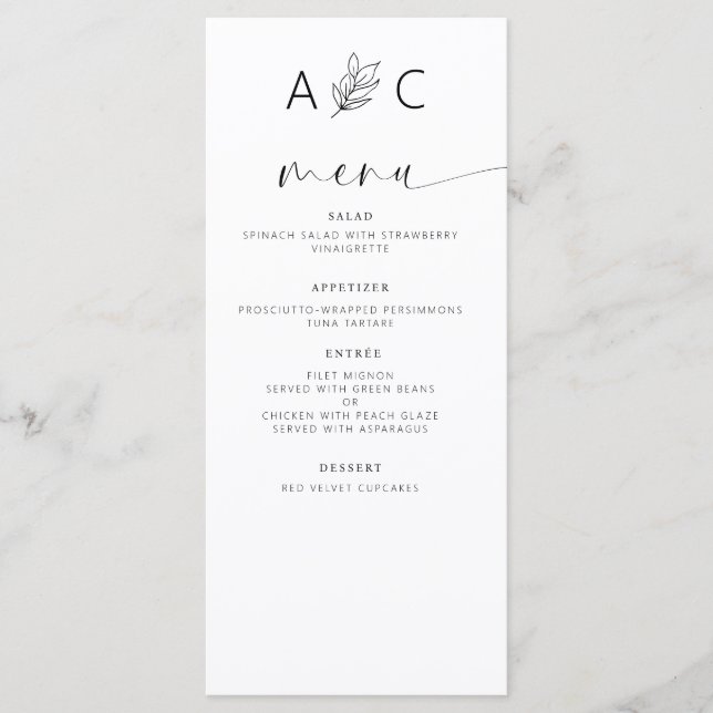 Minimalistische elegante Hochzeitsempfehlung Menükarte (Vorderseite)