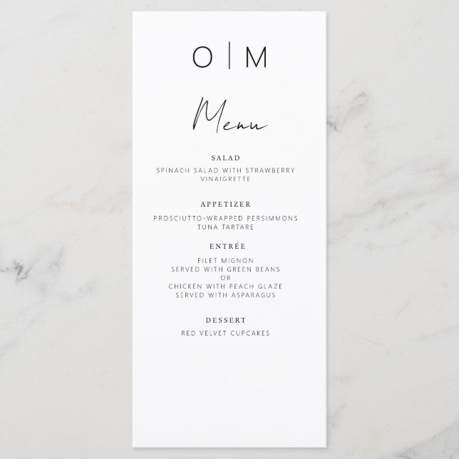 Minimalistische elegante Hochzeitsempfehlung Menükarte (Vorderseite)
